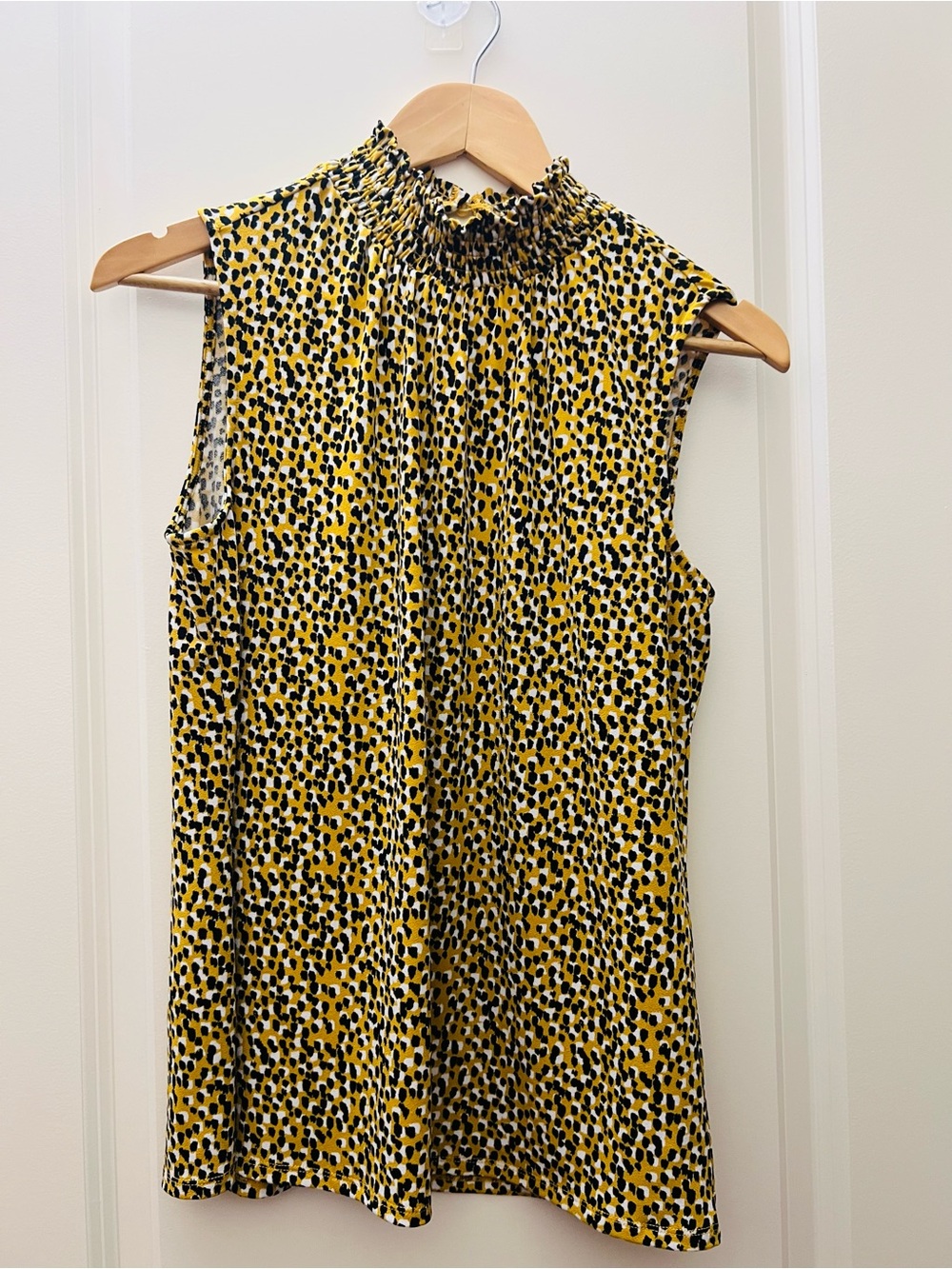 Sleeveless Smocked Neck Yellow Animal-Print Top